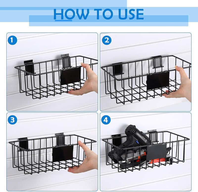 Maxcheck 4 Pcs Black Metal Slatwall Basket with Removable Tags Ventilated Slatwall Baskets Wall Mounted Storage Baskets Hanging Basket Organizer Slatwall Accessories for Shop Room Display Organizing - Image 5